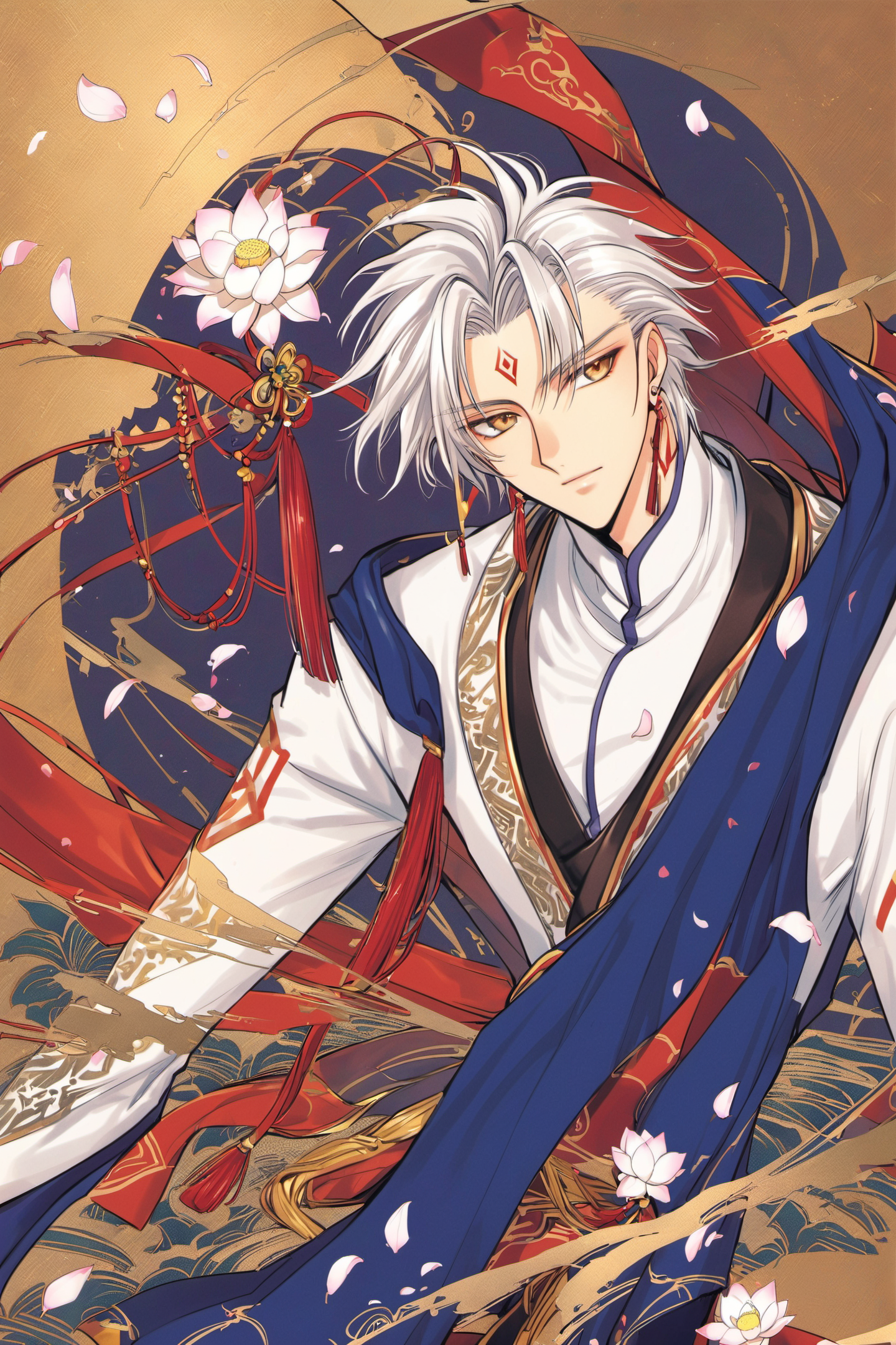 23508-2986156268-X,1boy,Nataku, male focus, solo, flower, jewelry, earrings, facial mark, forehead mark, lotus, white hair, petals, long sleeves,.png